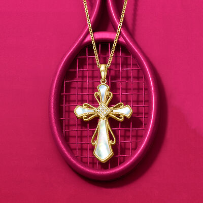 Mother-of-Pearl Cross Pendant Necklace with Diamond Accents in 18kt Gold Over Sterling