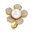 C. 1990 Vintage 11mm Cultured South Sea Pearl and 2.50 ct. t.w. Diamond Flower Ring in 18kt Yellow Gold