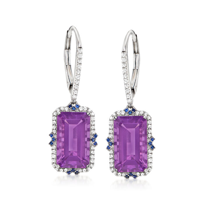 7.75 ct. t.w. Amethyst and .25 ct. t.w. Diamond Drop Earrings with Sapphire Accents in 14kt White Gold