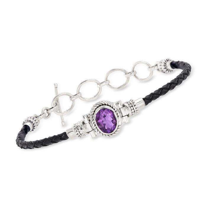 2.50 Carat Amethyst and Black Leather Toggle Bracelet in Sterling Silver