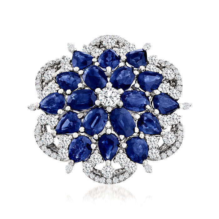 C. 1980 Vintage 7.65 ct. t.w. Sapphire and 1.57 ct. t.w. Diamond Flower Ring in 18kt White Gold