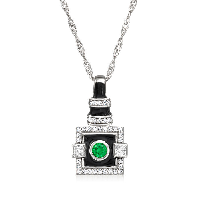 .20 Carat Simulated Emerald and .50 ct. t.w. CZ Art Deco-Style Pendant Necklace with Black Enamel in Sterling Silver