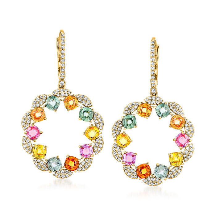 8.25 ct. t.w. Multicolored Sapphire and 1.00 ct. t.w. Diamond Circle Drop Earrings in 18kt Yellow Gold