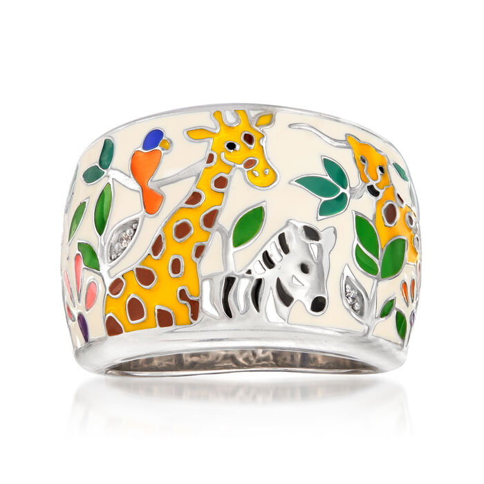 Belle Etoile &quot;Serengeti&quot; Ivory and Multicolored Enamel Ring with CZ Accents in Sterling Silver