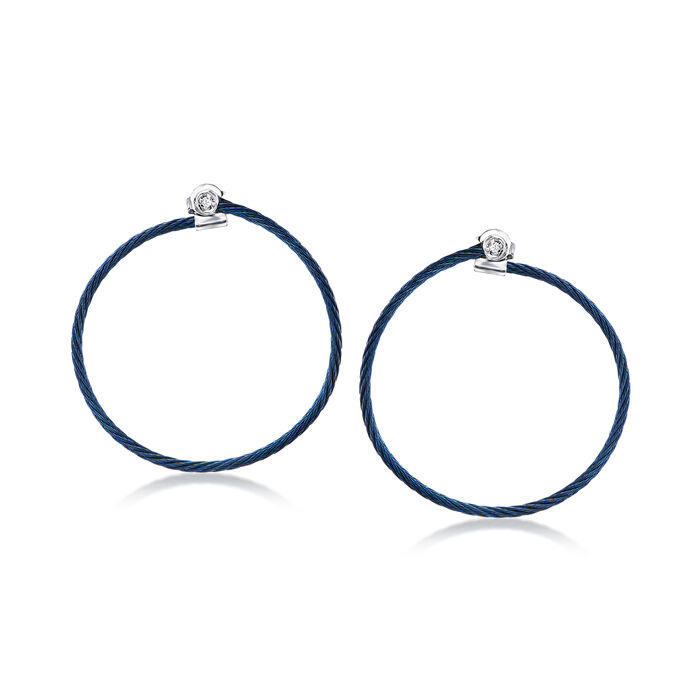 ALOR Blue Stainless Steel Cable Hoop Earrings with Diamond Accents in 18kt White Gold