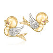 C. 1950 Vintage .75 ct. t.w. Diamond Jewelry Set: Two Bird Pins with Ruby Accents in 18kt Yellow Gold and 14kt White Gold