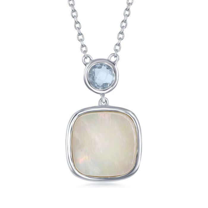 Mother-Of-Pearl and .60 Carat Blue Topaz Drop Necklace in Sterling Silver