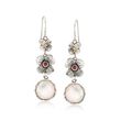 12mm Cultured Coin Pearl Floral Drop Earrings with Garnets in Sterling and 14kt Gold