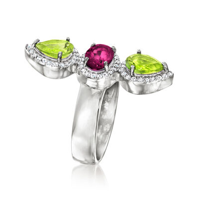 1.20 Carat Rhodolite Garnet and 1.80 ct. t.w. Peridot Ring with .40 ct. t.w. White Zircon in Sterling Silver