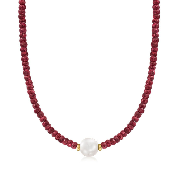 11.5-12.5mm Cultured Pearl and 75.00 ct. t.w. Ruby Bead Necklace with 14kt Yellow Gold