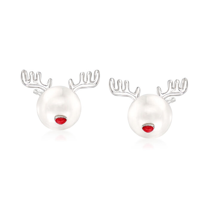 8-8.5mm Cultured Pearl Reindeer Earrings with Red Enamel in Sterling Silver
