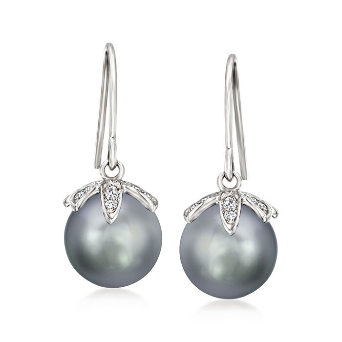 8-9mm Black Cultured Tahitian Pearl Drop Earrings with Diamond Accents in 14kt White Gold