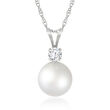 8-8.5mm Cultured Akoya Pearl Pendant Necklace with .10 Carat Diamond in 14kt White Gold