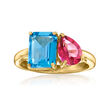 3.00 Carat Swiss Blue Topaz and 1.40 Carat Pink Topaz Toi et Moi Ring in 18kt Gold Over Sterling