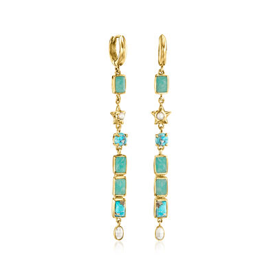 3-3x5mm Cultured Pearl and Multi-Gemstone  Celestial Linear Drop Earrings in 18kt Gold Over Sterling