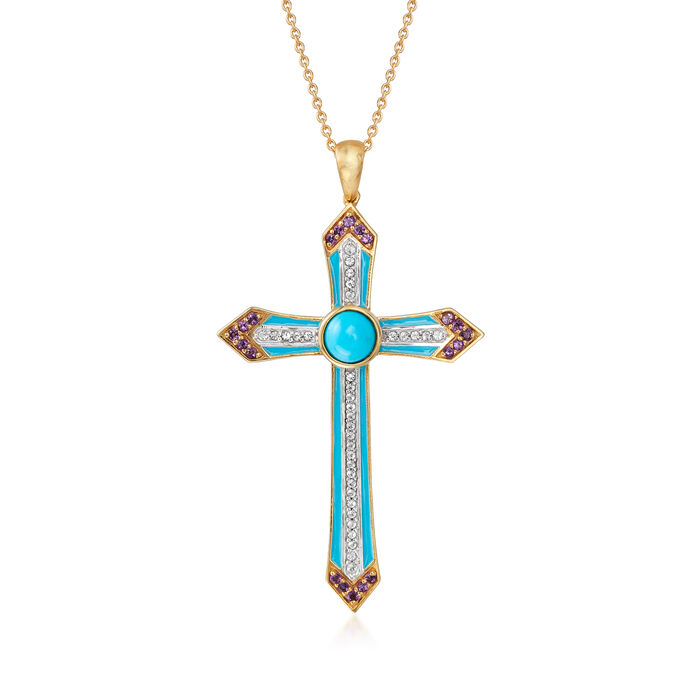 Turquoise, .30 ct. t.w. Amethyst and .30 ct. t.w. White Topaz Cross Pendant Necklace with Enamel in 18kt Gold Over Sterling