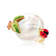 Italian Cultured Pearl and Enamel Ladybug and Vine Ring in 18kt Gold Over Sterling