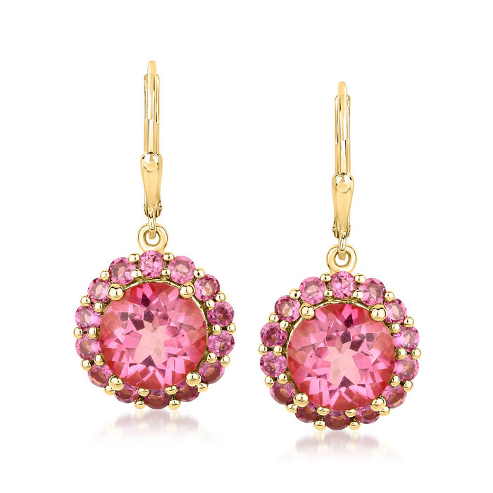 8.00 ct. t.w. Pink Topaz and 2.10 ct. t.w. Rhodolite Garnet Flower Drop Earrings in 18kt Gold Over Sterling