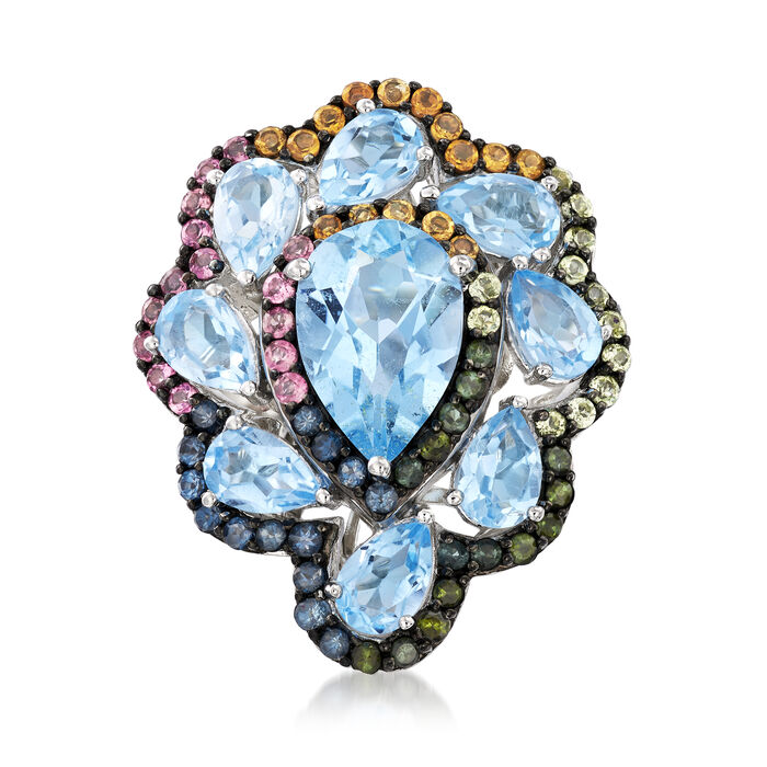 8.90 ct. t.w. Multi-Gemstone and .14 ct. t.w. Diamond Ring in Sterling Silver