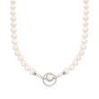 8-8.5mm Cultured Pearl and .40 ct. t.w. White Topaz Open-Space Swirl Adjustable Hook Necklace in Sterling