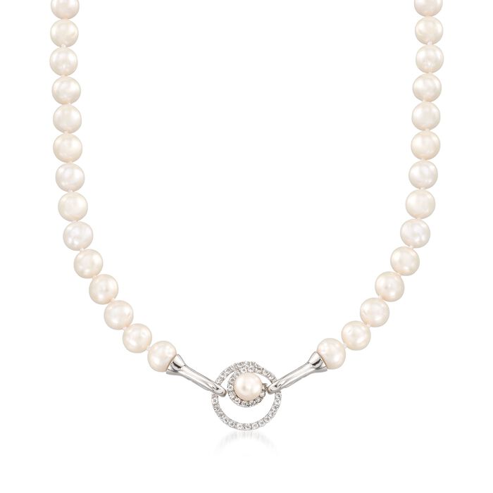 8-8.5mm Cultured Pearl and .40 ct. t.w. White Topaz Open-Space Swirl Adjustable Hook Necklace in Sterling
