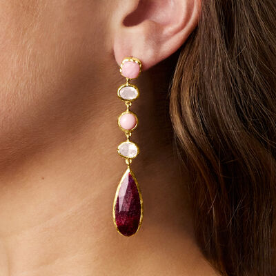30.00 ct. t.w. Ruby and 2.80 ct. t.w. Multi-Gemstone Drop Earrings in 18kt Gold Over Sterling