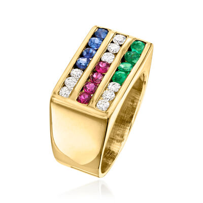 C. 1980 Vintage .95 ct. t.w. Multi-Gemstone and .40 ct. t.w. Diamond Multi-Row Ring in 18kt Yellow Gold