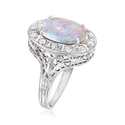 C. 1950 Vintage Opal and .40 ct. t.w. Diamond Ring in 18kt White Gold