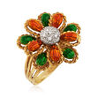 C. 1990 Vintage Orange and Green Enamel Flower Ring with Diamond Accents in 18kt Yellow Gold