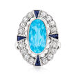 C. 1940 Vintage 4.20 Carat Swiss Blue Topaz, .65 ct. t.w. Diamond and .25 ct. t.w. Synthetic Sapphire Ring in 18kt White Gold