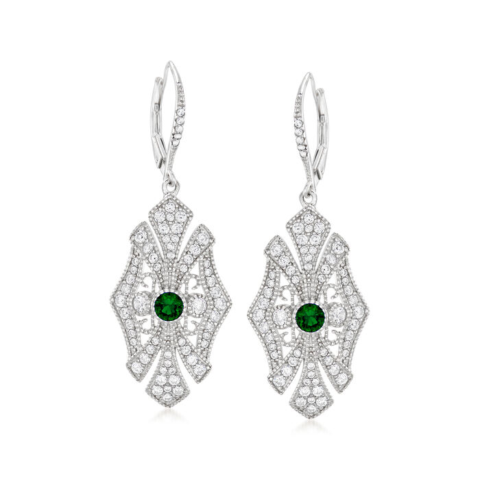 1.55 ct. t.w. CZ and .40 ct. t.w. Simulated Emerald Drop Earrings in Sterling Silver