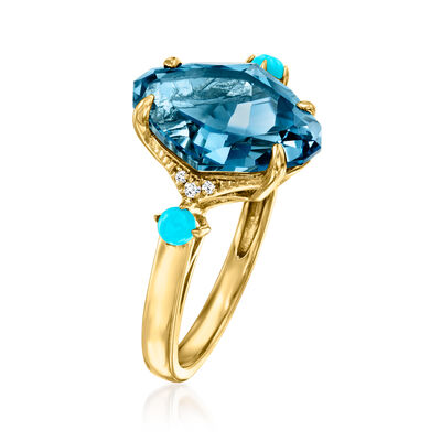 5.25 Carat London Blue Topaz Ring with 2.5mm Turquoise Beads and Diamond Accents in 14kt Yellow Gold