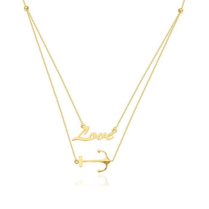 14kt Yellow Gold &quot;Love&quot; and Anchor Layered Necklace