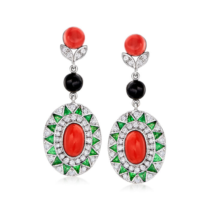 C. 1980 Vintage Red Coral and Onyx Earrings with 1.30 ct. t.w. Diamonds and 1.15 ct. t.w. Tsavorites in 18kt White Gold