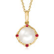 8mm Cultured Pearl Pendant Necklace with Ruby Accents in 18kt Gold Over Sterling