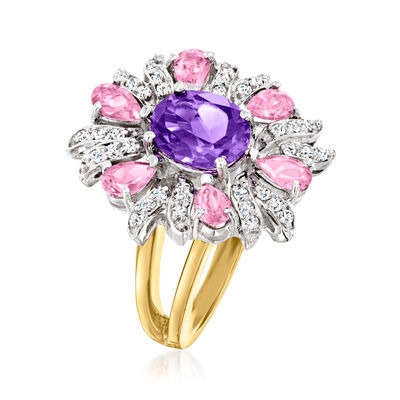 1.70 Carat Amethyst, 1.20 ct. t.w. Pink Tourmaline and .31 ct. t.w. Diamond Ring in 14kt Two-Tone Gold