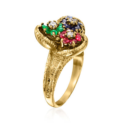 C. 1980 Vintage .84 ct. t.w. Multi-Gemstone and .25 ct. t.w. Diamond Flower Ring in 14kt Yellow Gold