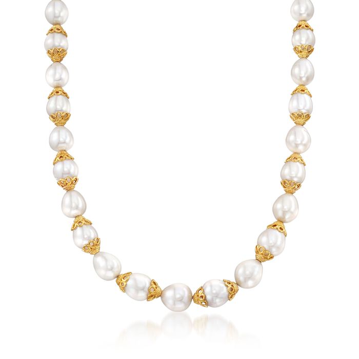 10-12mm Cultured Pearl Necklace with 18kt Gold Over Sterling Caps