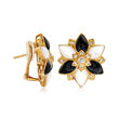 C. 1970 Vintage Mother-Of-Pearl and .55 ct. t.w. Diamond Floral Earrings with Black Onyx in 18kt Yellow Gold