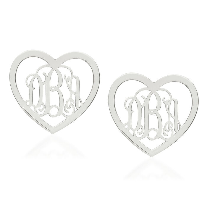 Sterling Silver Small Laser Polished Heart Monogram Post Earrings