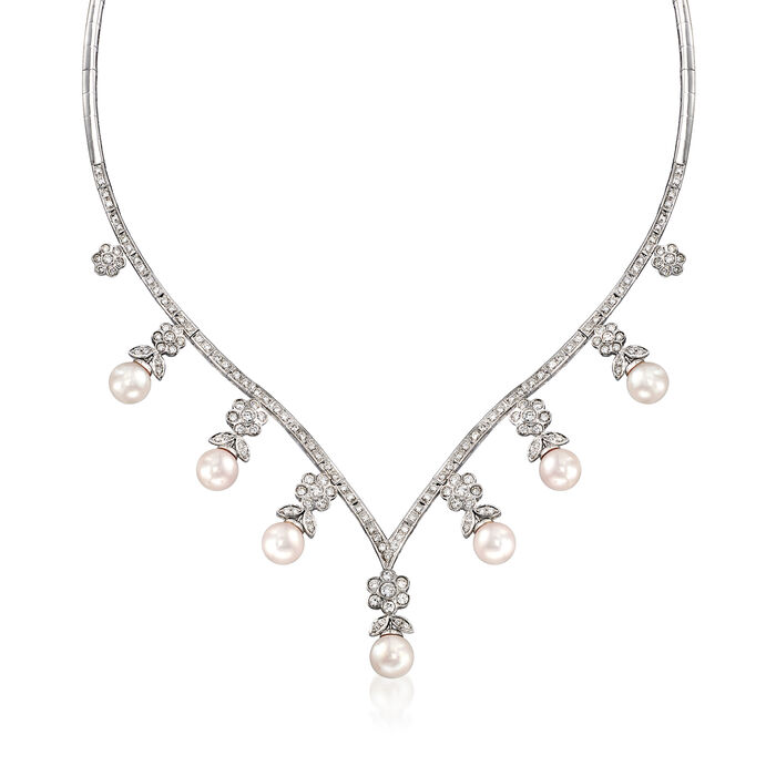 C. 1990 Vintage 8x8.5mm Cultured Pearl and 3.00 ct. t.w. Diamond V-Shaped Necklace in 18kt White Gold