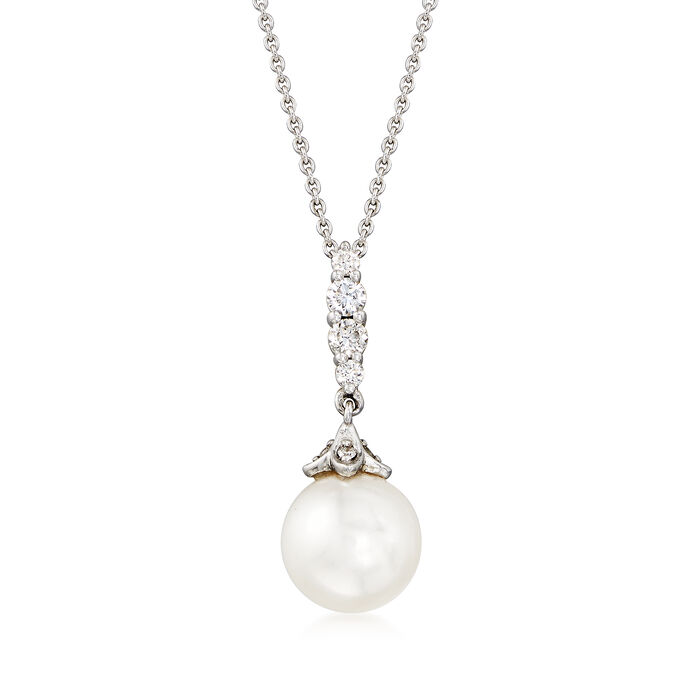 Gabriel Designs Cultured Pearl and .17 ct. t.w. Diamond Pendant Necklace in 14kt White Gold