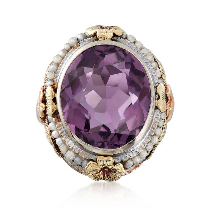 C. 1950 Vintage 7.00 Carat Amethyst and Cultured Seed Pearl Floral Ring in 14kt Tri-Colored Gold