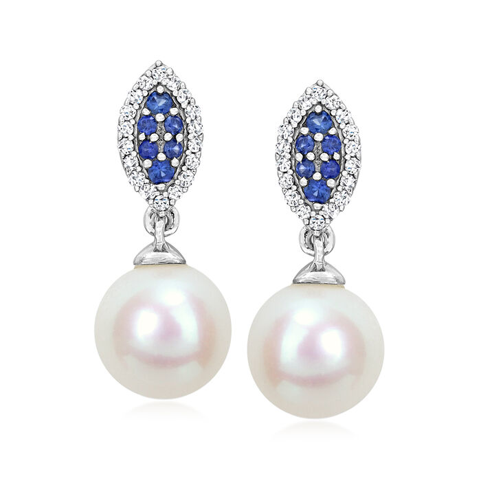 8-8.5mm Cultured Pearl and .14 ct. t.w. Diamond Drop Earrings with .10 ct. t.w. Sapphires in 14kt White Gold