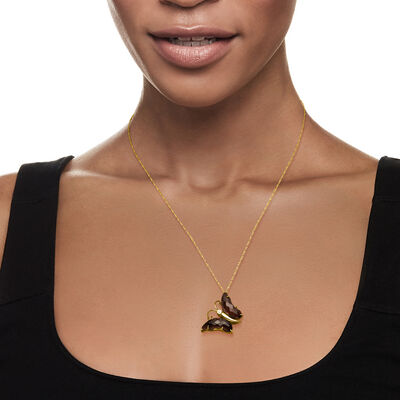 C. 2000 Vintage 10.00 ct. t.w. Smoky Quartz Butterfly Pendant Necklace with Diamond Accent in 10kt and 14kt Yellow Gold