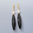 6-7mm Cultured Pearl and Black Agate Drop Earrings in 14kt Yellow Gold 