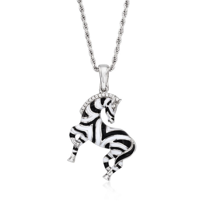 .20 ct. t.w. White Topaz Zebra Pendant Necklace with Black and White Enamel in Sterling Silver