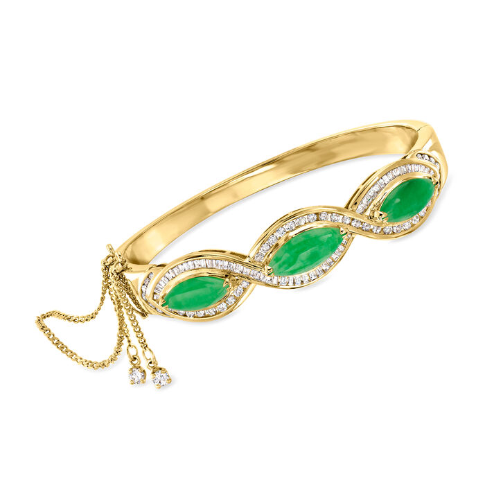 C. 1980 Vintage Jade and 1.70 ct. t.w. Diamond Bangle Bracelet in 18kt Yellow Gold