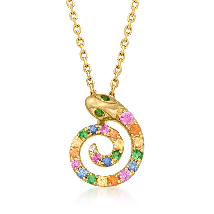 .28 ct. t.w. Multicolored Sapphire Snake Pendant Necklace with Tsavorite and Diamond Accents in 14kt Yellow Gold