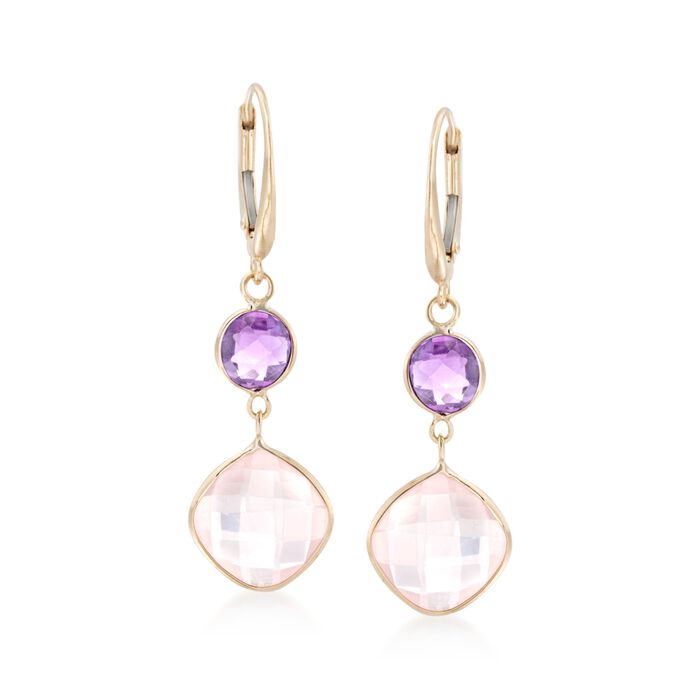 Rose Quartz and 1.60 ct. t.w. Amethyst Drop Earrings in 14kt Yellow Gold